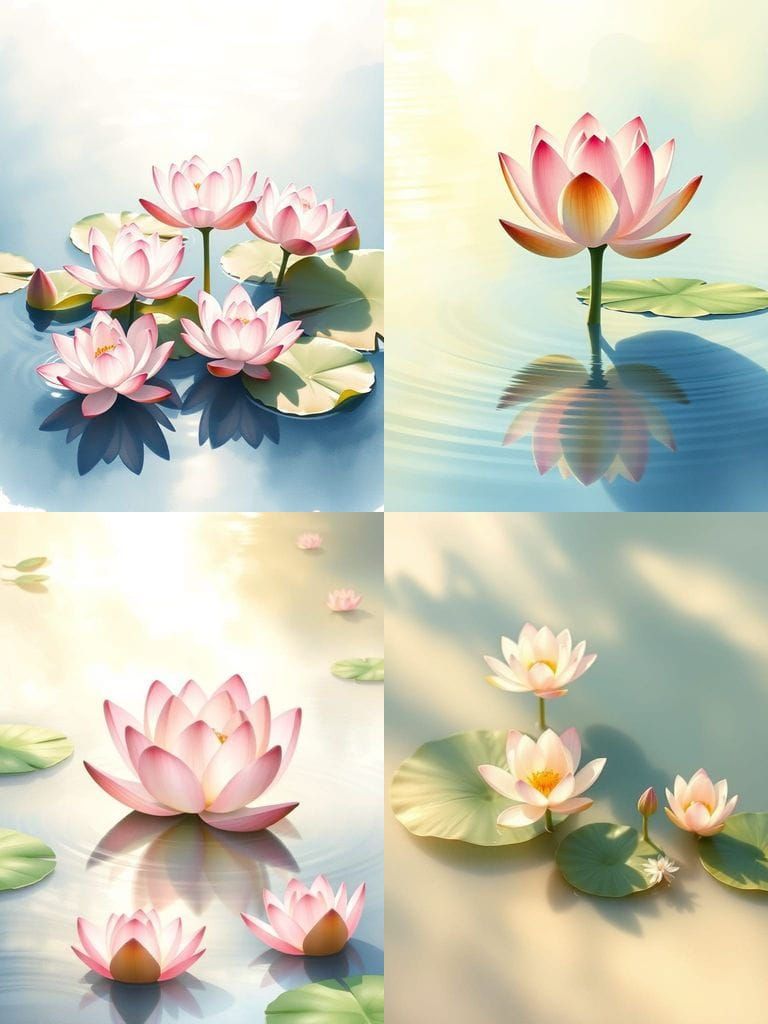 Soft Pastel Lotus Blooms in Serene Water Scene