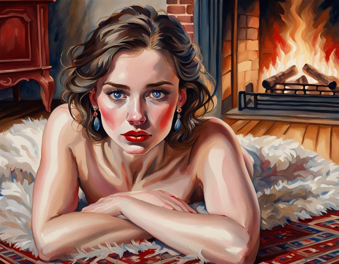 Watercolor Painting of Woman by Fireplace