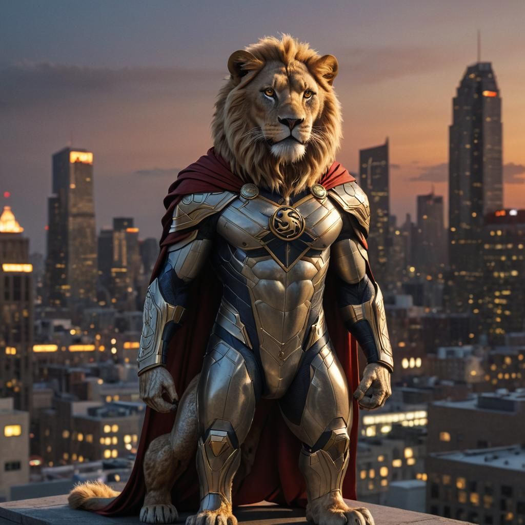 Fierce Lion Superhero on City Rooftop at Dusk