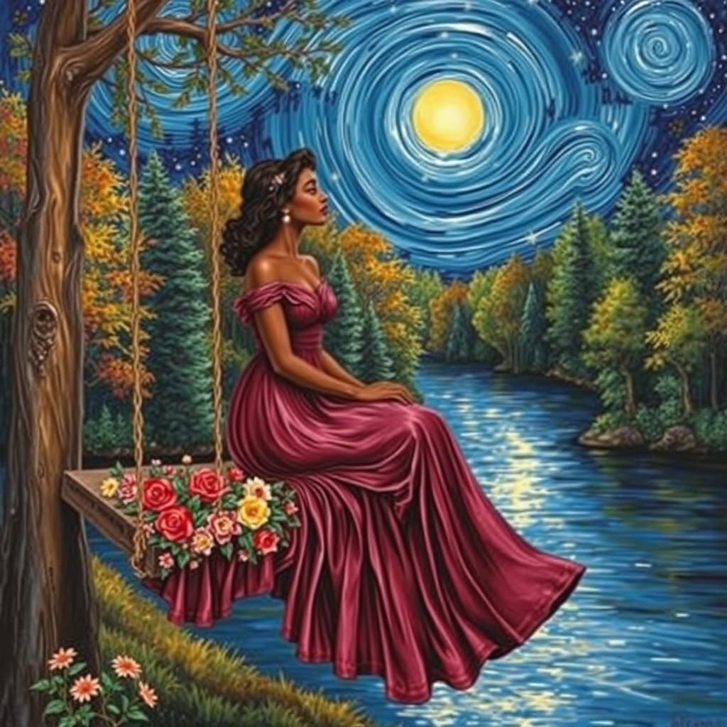 A woman with a long burgandy flowy dress sitting on a wooden swing covered in flowers over a prestine river. Background ...