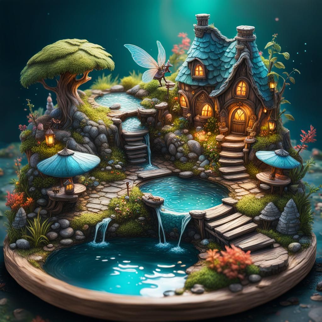 Miniature Fairy Village with Mystical Pools, Hyperrealistic ...