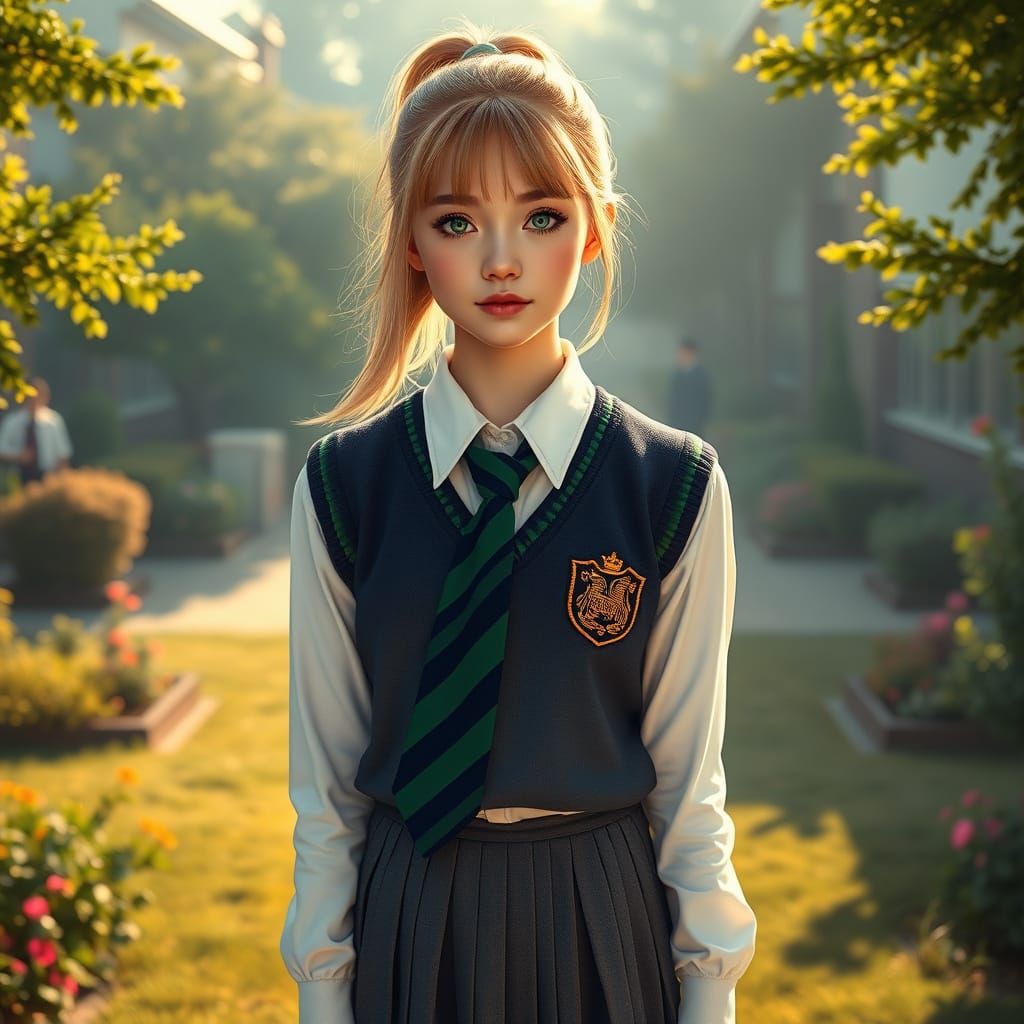 Teenage Girl in School Uniform with Greenery