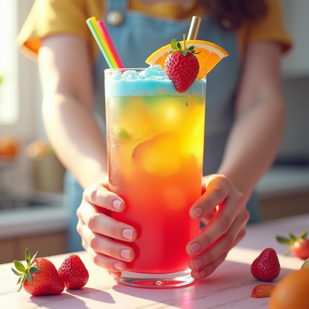 Vibrant Rainbow Drink in Hyper-Realistic Candy Art Style