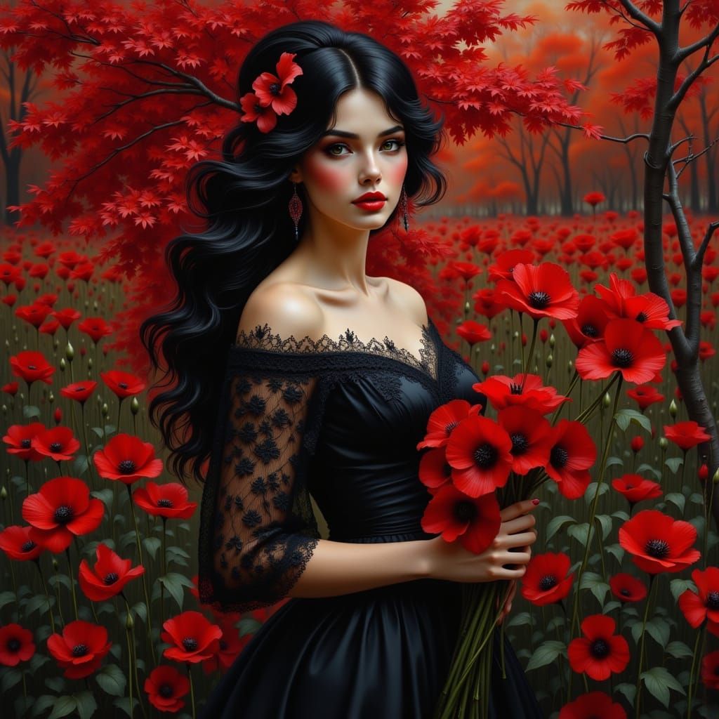 Woman in Black Lace with Red Lilies and Poppies