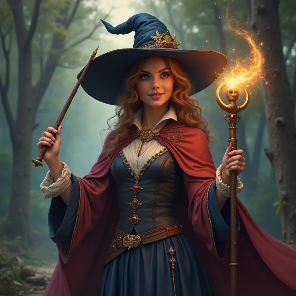 Young Wizard Holds Magic Wand and Staff