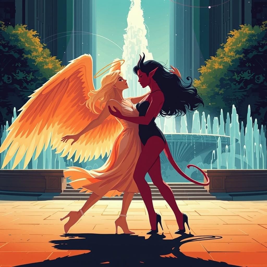 Angels and Demons Dance: Minimalist Digital Vector Art