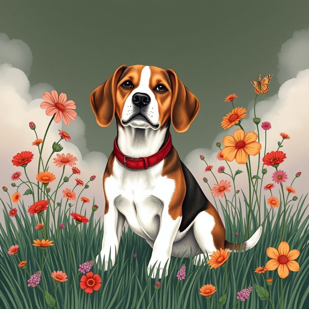 Beagle in Wildflowers, Illustrative Art Style