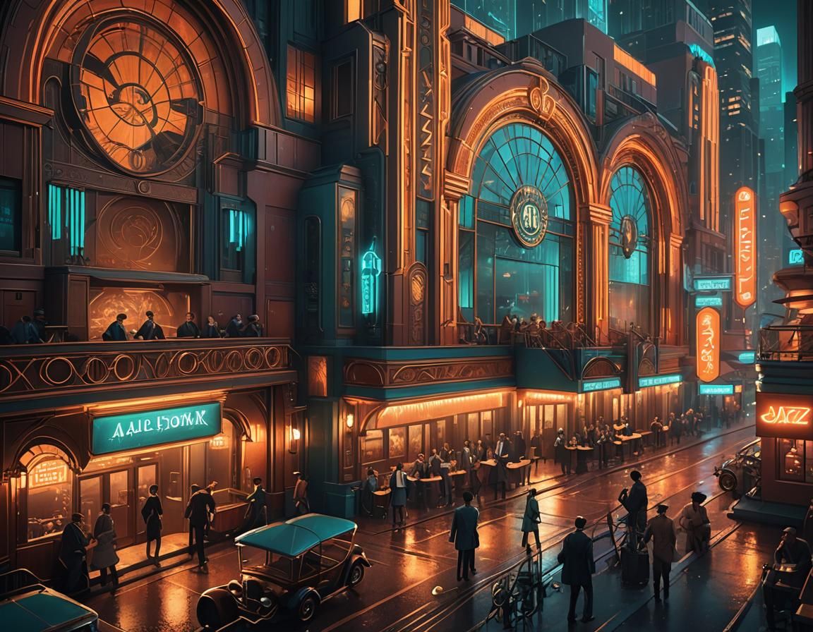 Art Deco Cityscape with Jazz Club, Mucha Style