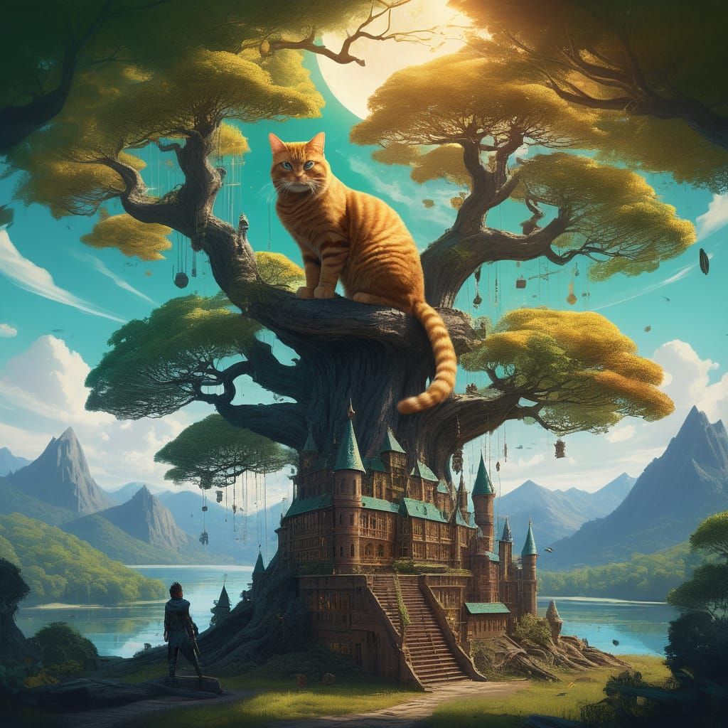 Majestic Golden Cat Scales Towering Book Tree in Enchanted C...