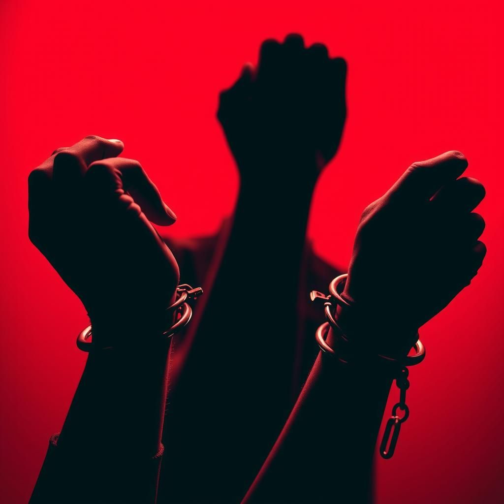 Monochrome Handcuffs Silhouette on Red Background