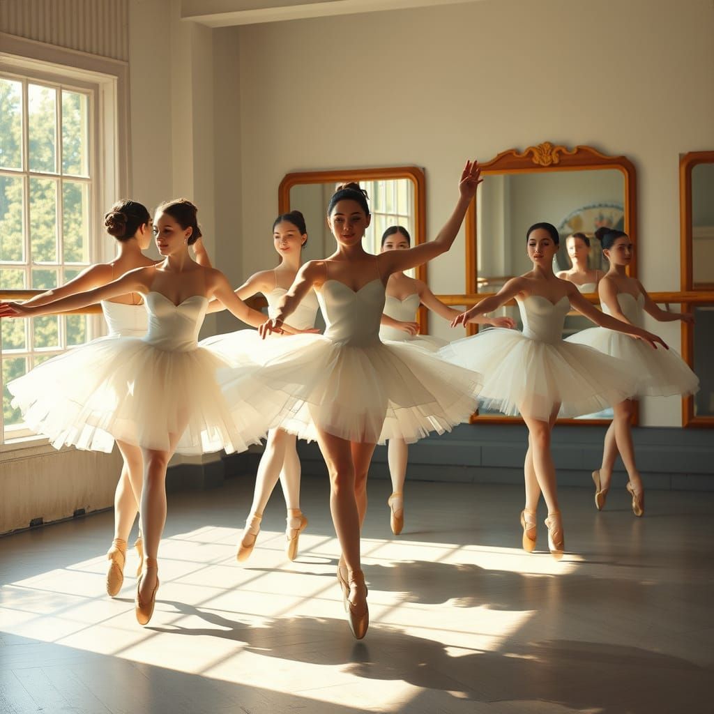 Elegant Ballerinas Dance in Sunlit Studio