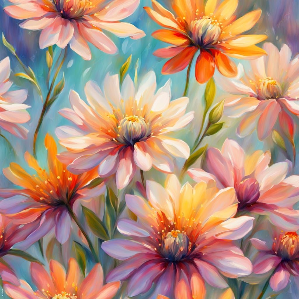 Impressionist Oil Painting of Colorful Flowers