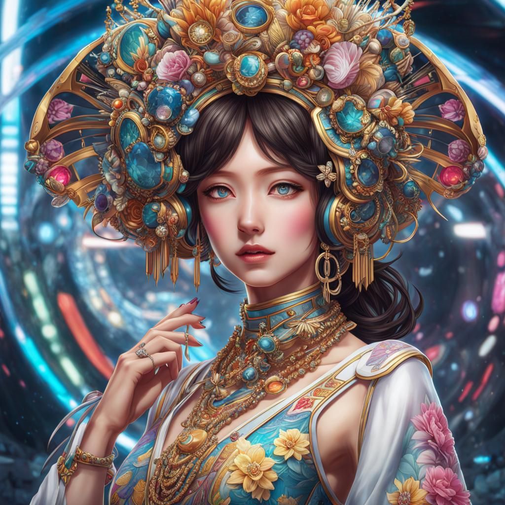 Hyperrealistic Portrait of a Beautiful Woman in a Vibrant VR...