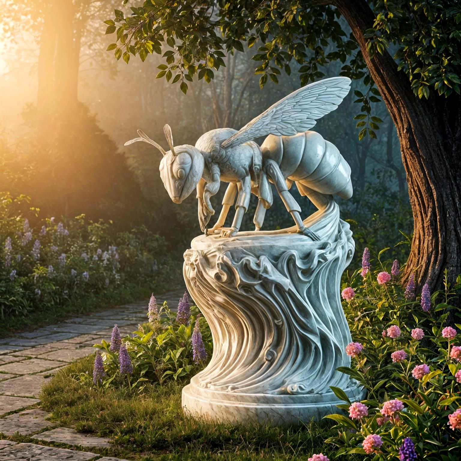 Ethereal Bee Statue in a Lush Forest Glade