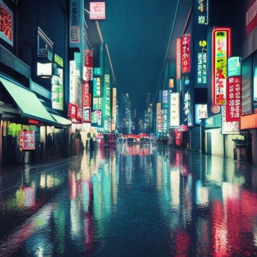 Neon Reflections in a Japanese City Street