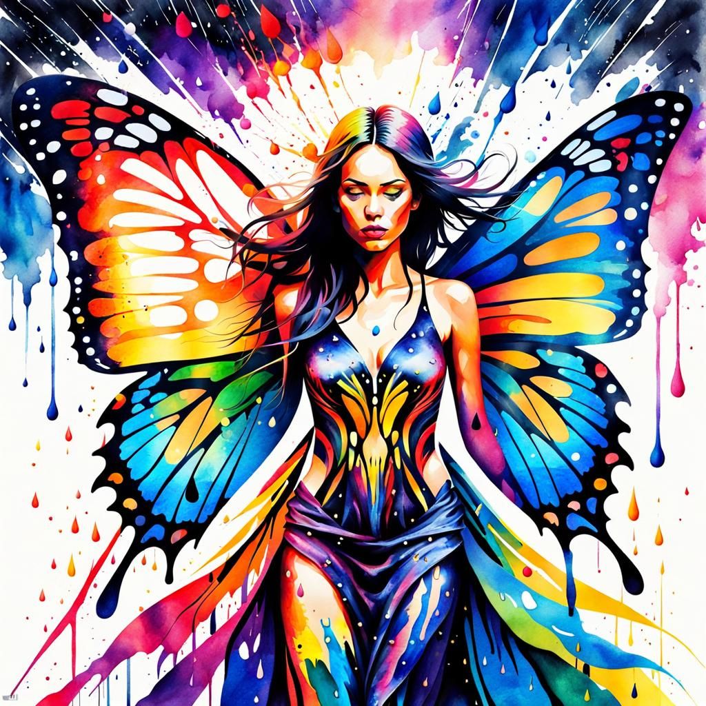 Butterfly Woman: Watercolor Double Exposure in Rain