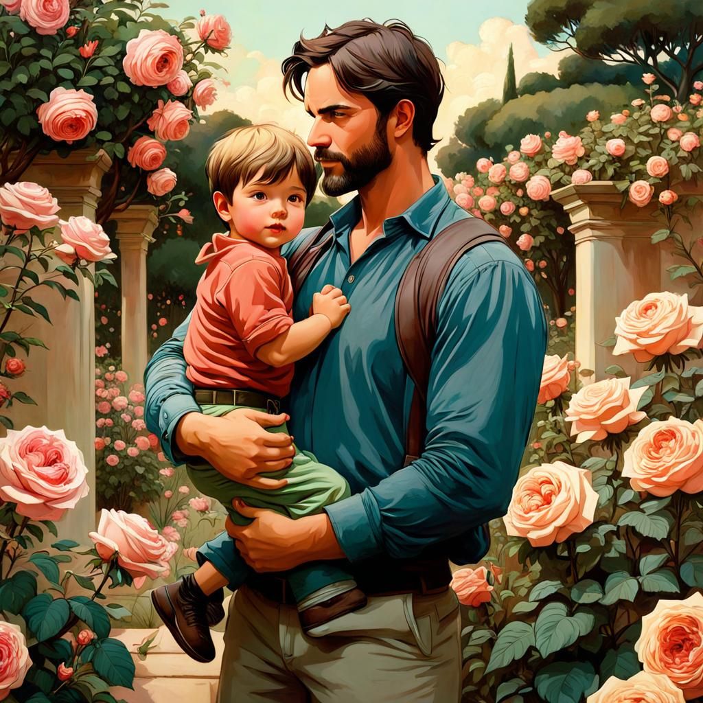Rose Garden Father and Son in Anime Style