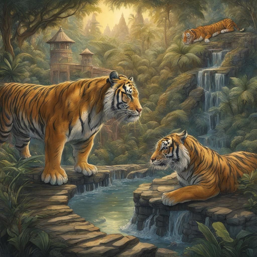 Mowgli Feeds a Tiger: Detailed Gouache Watercolor