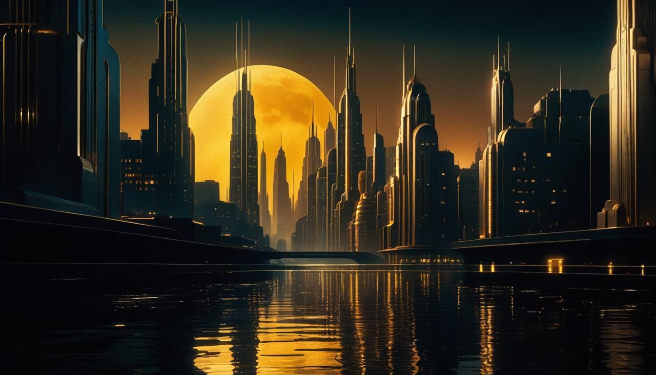 Retrofuturistic Art Deco Cityscape at Night