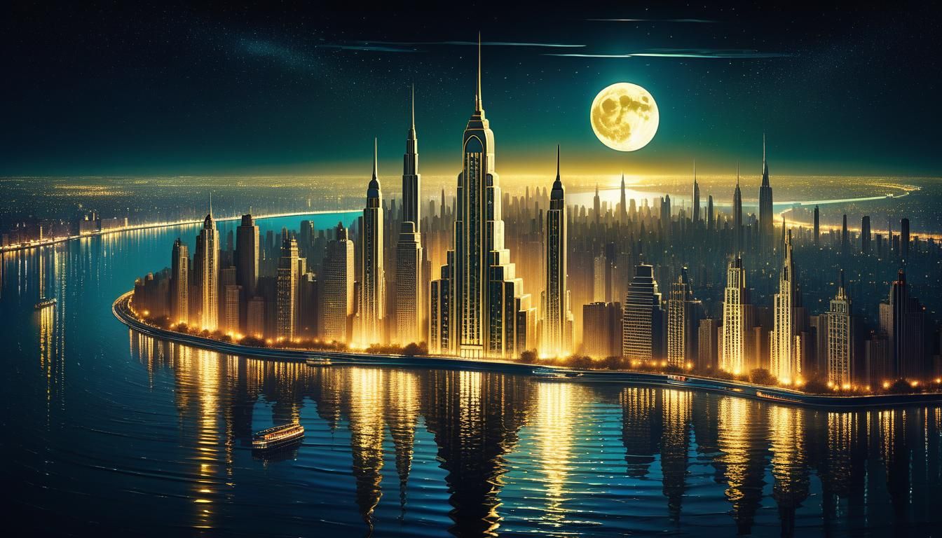 Art Deco Cityscape at Night in Retrofuturist Style