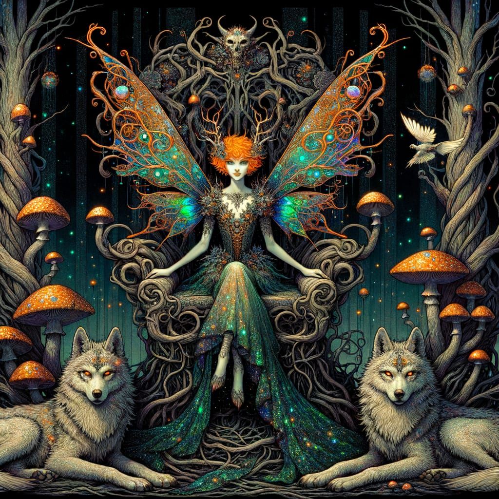 Gothic Fairy Queen on Throne in Art Nouveau Style