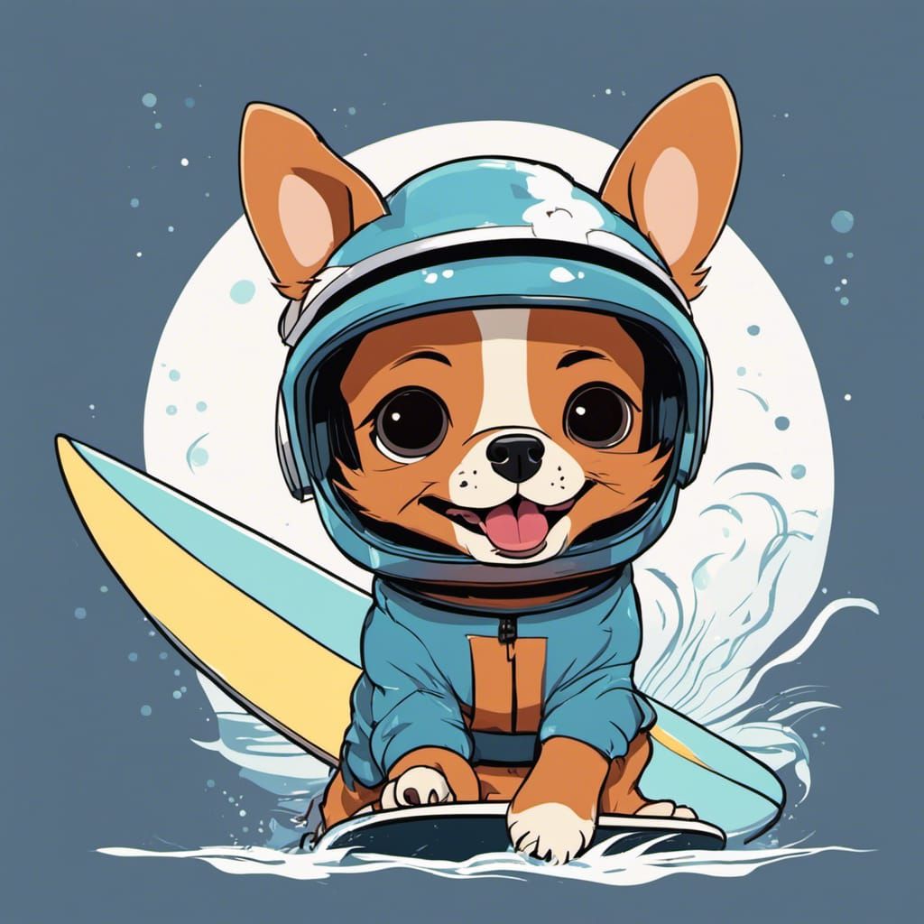 Adorable Chibi Dog Surfing in Animated Style