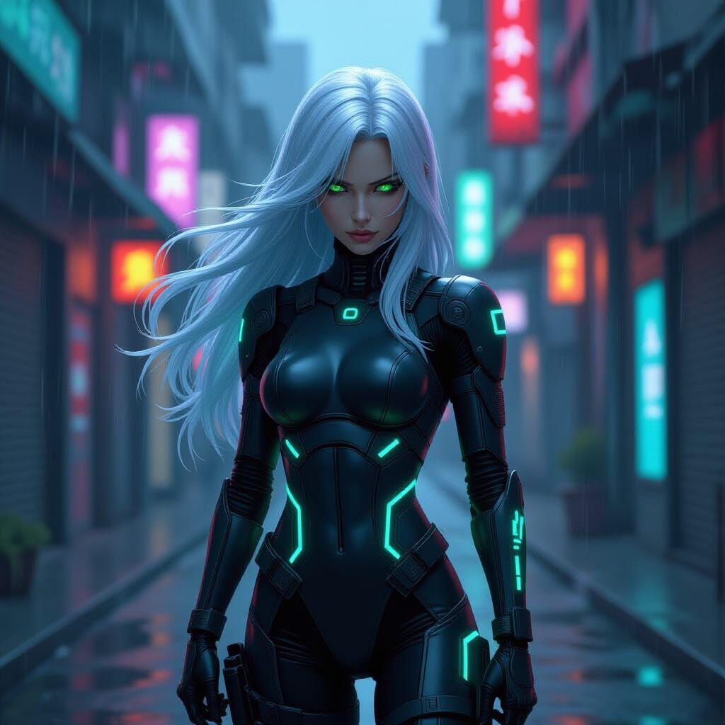 Cyborg Ninja in Cyberpunk Alleyway, Anime Style