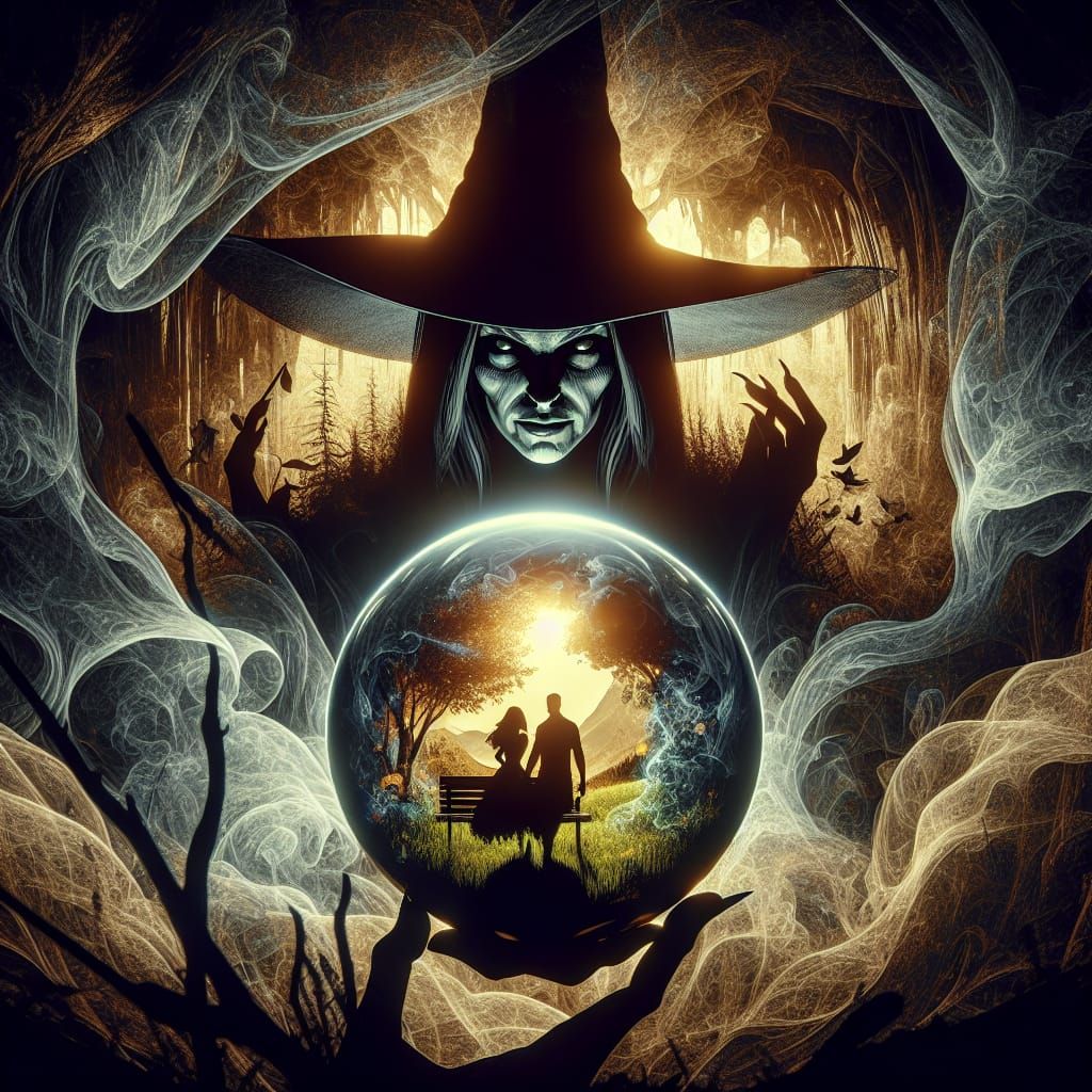 Angry Witch With Crystal Ball in Shady Den