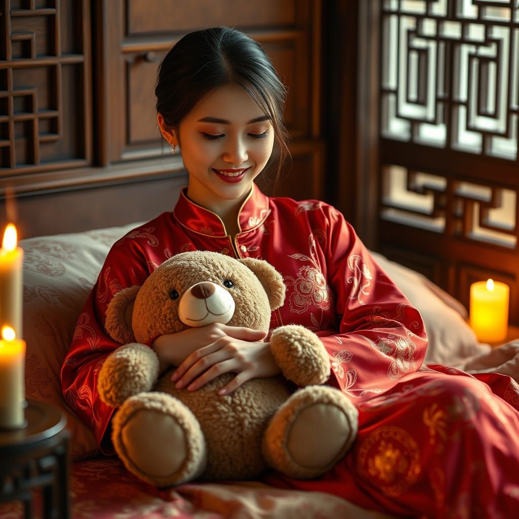 Serene Chinese Woman in Embroidered Pajamas
