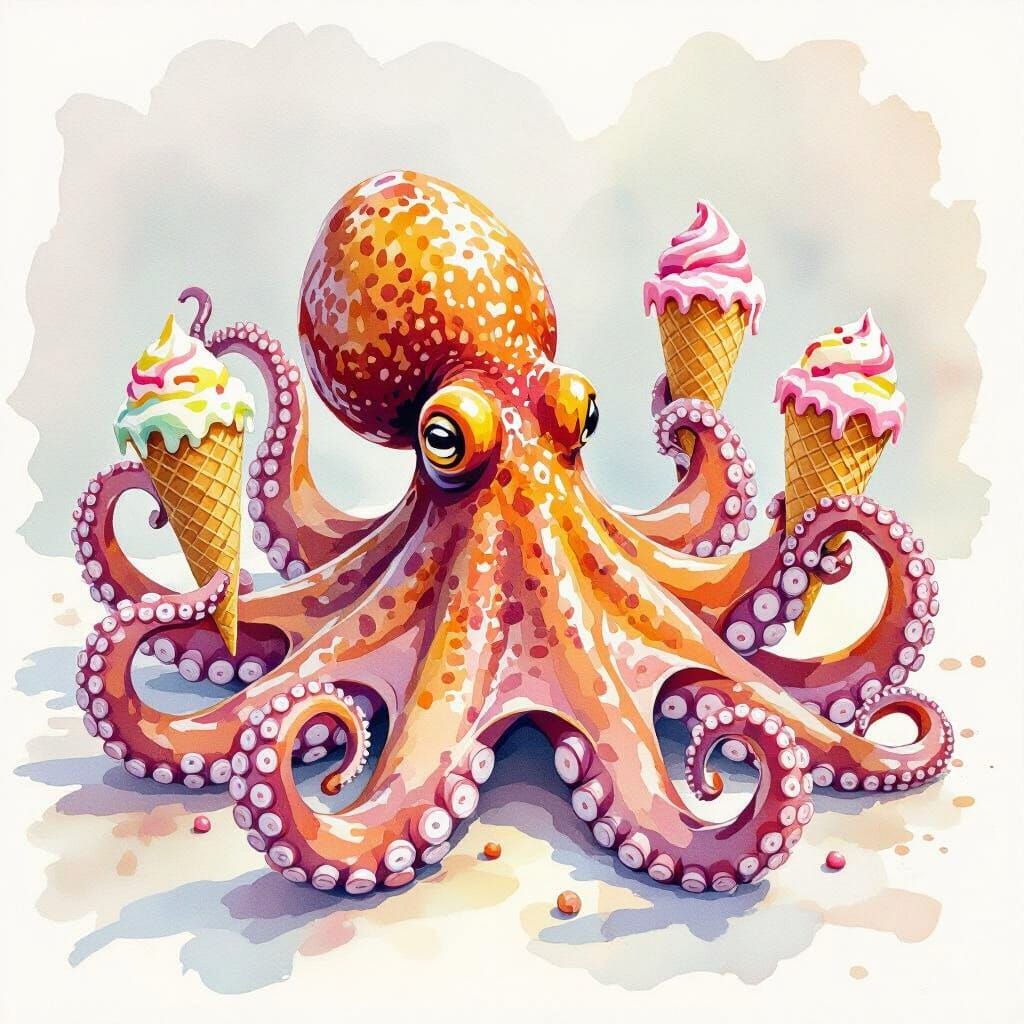 Watercolor Octopus Holds Eight Ice Cream Cones
