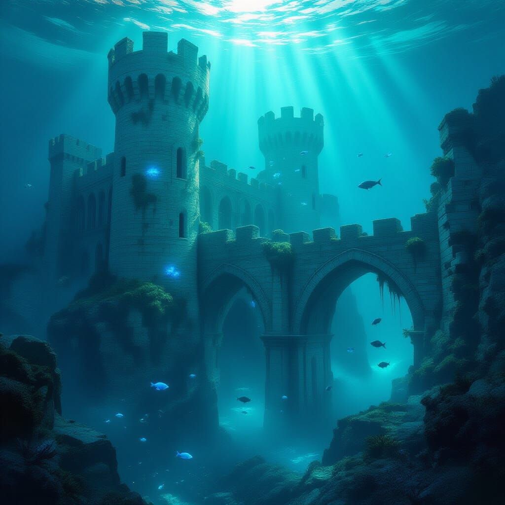 Submerged Castle with Bioluminescent Flora