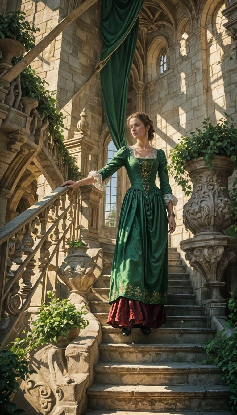 Woman in 1700s Dress on Castle Staircase
