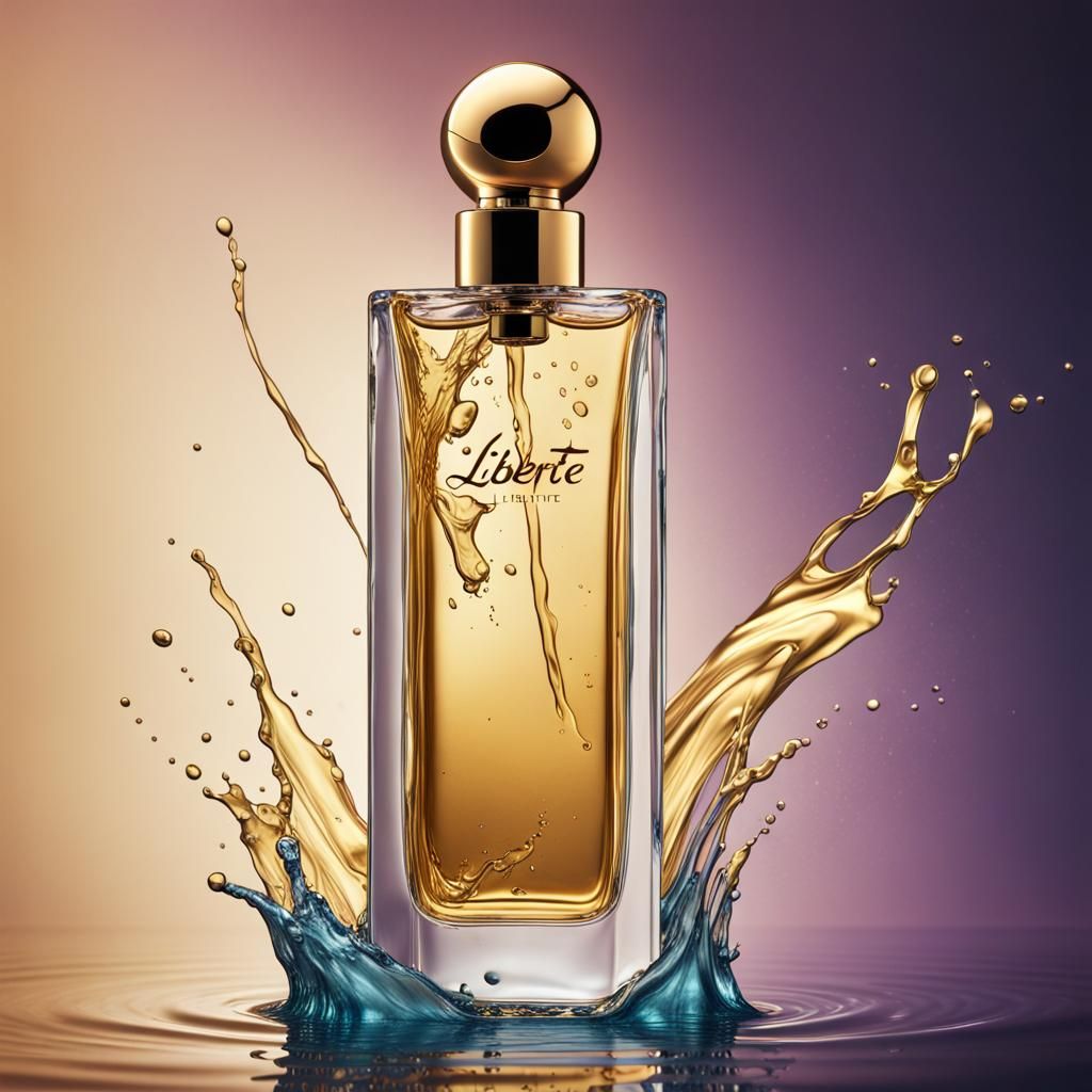 Gold 'Liberte' Perfume Bottle on Water Splash