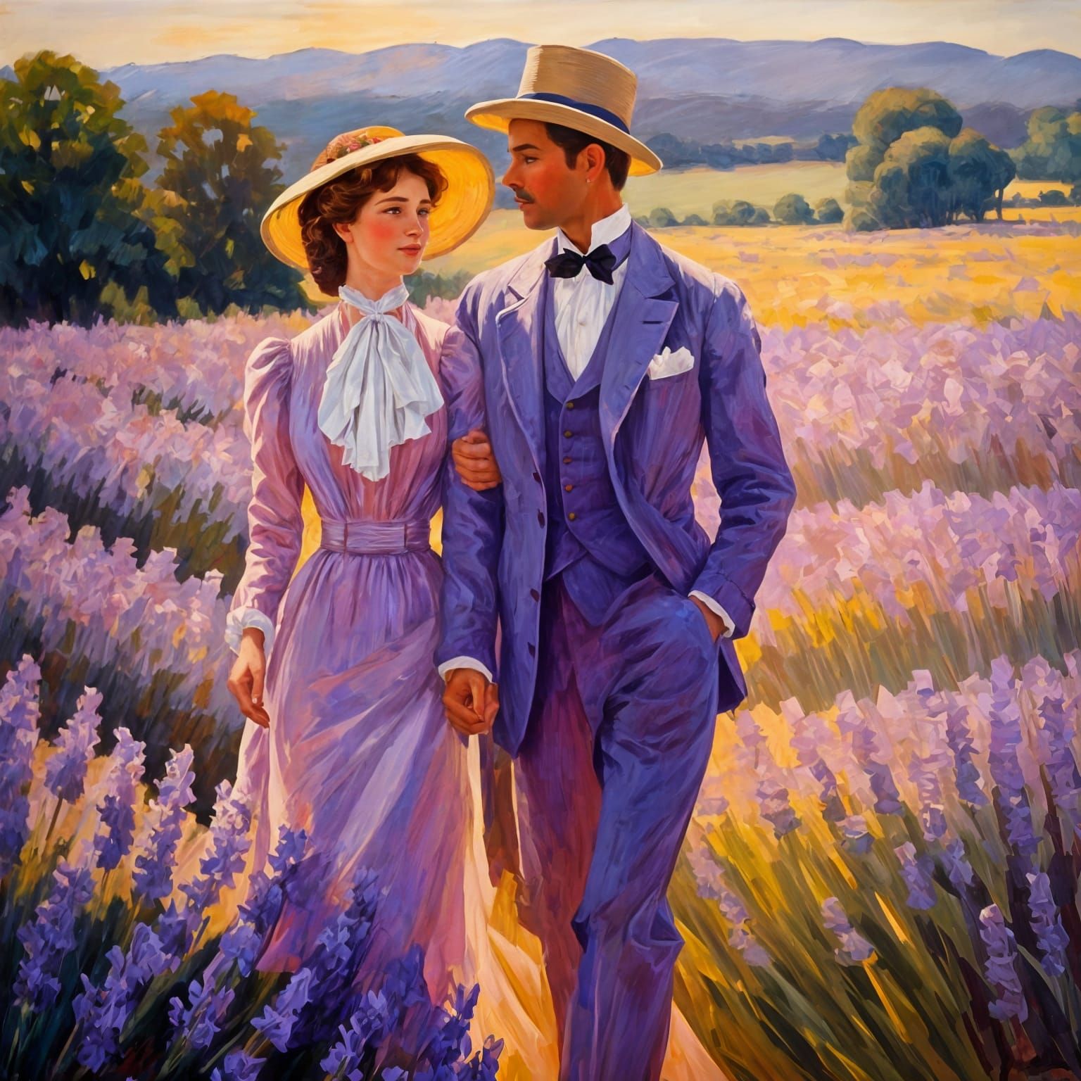Victorian Couple in Lavender Field, Fauvist Oil Painting
