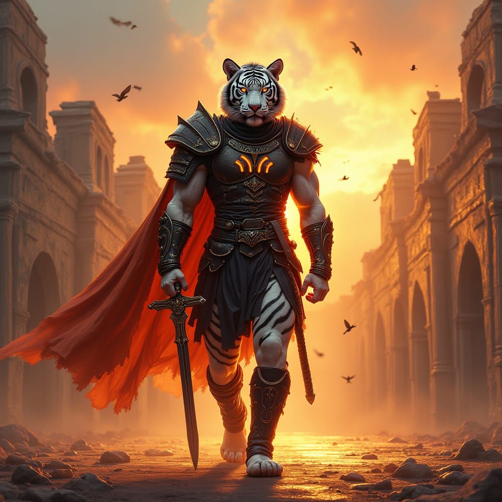 Tiger Gladiator in Sunset Arena: Digital Art