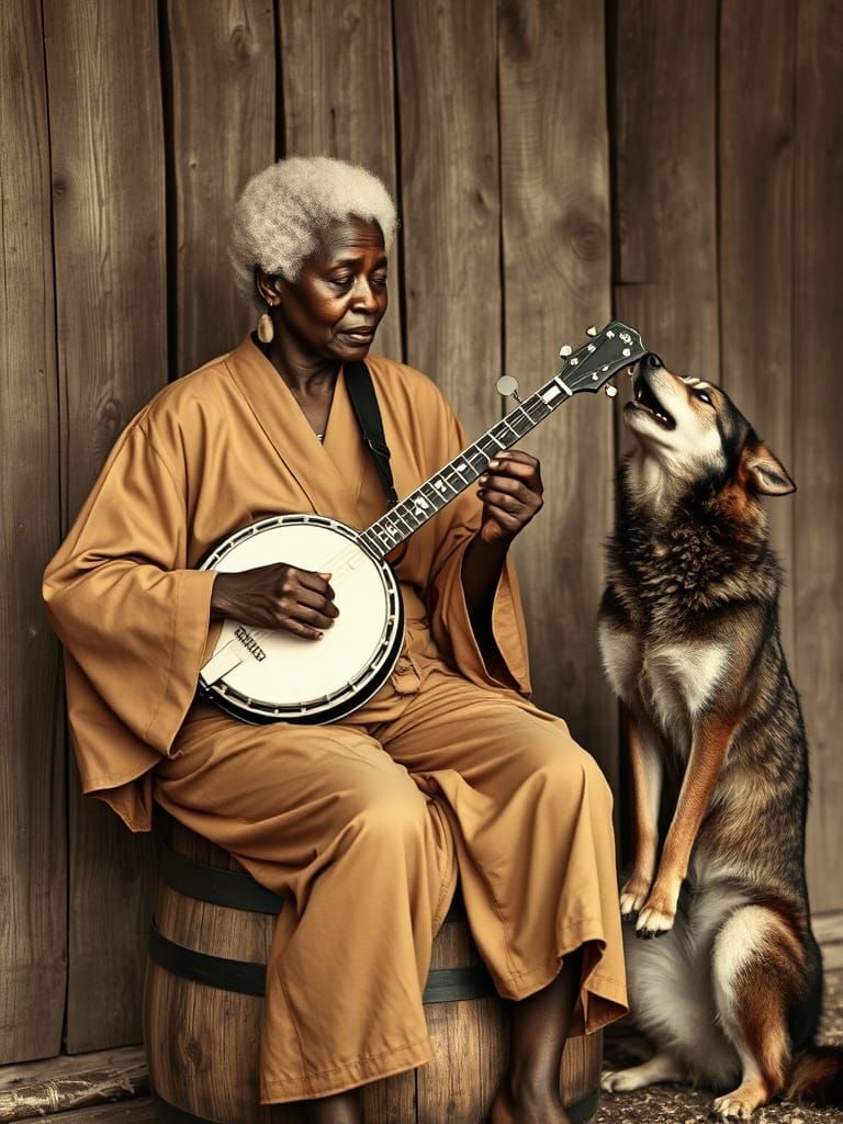 Elderly Woman Plays Banjo with Dog in Sepia Tones