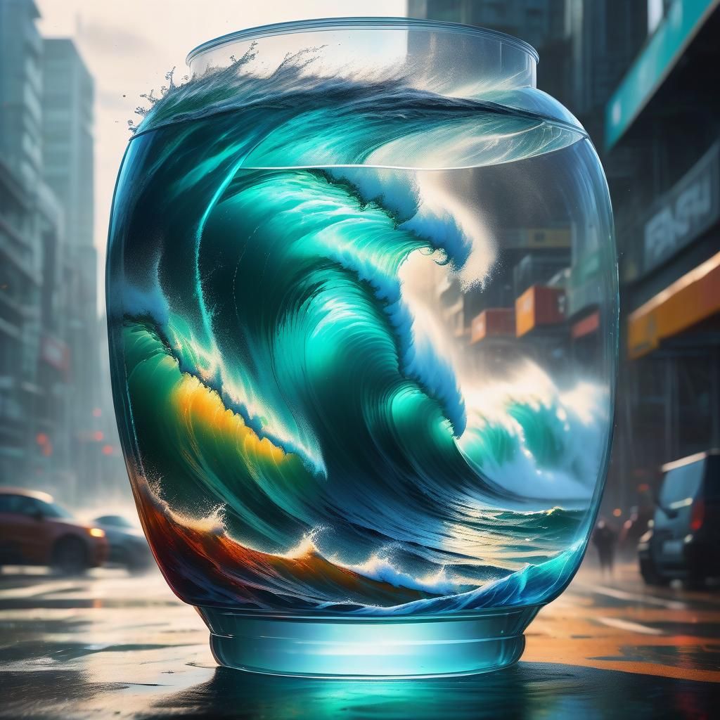 Typhoon Inside Container: Hyperrealistic Splash Art