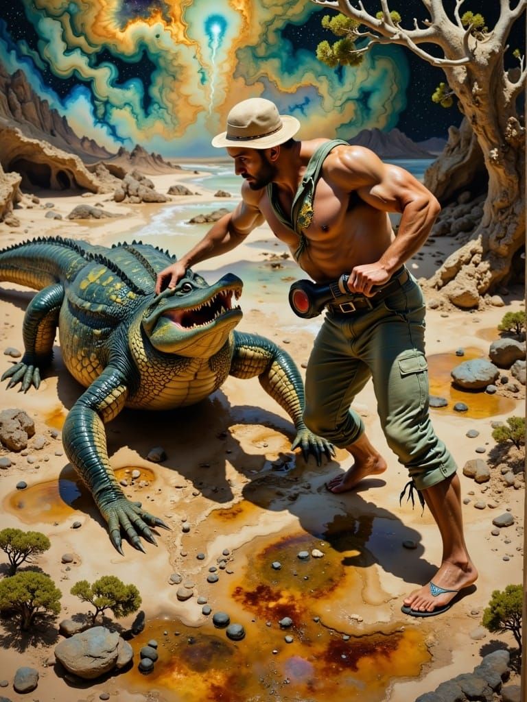 Safari Hunter Wrestling Crocodile in 1950s Style