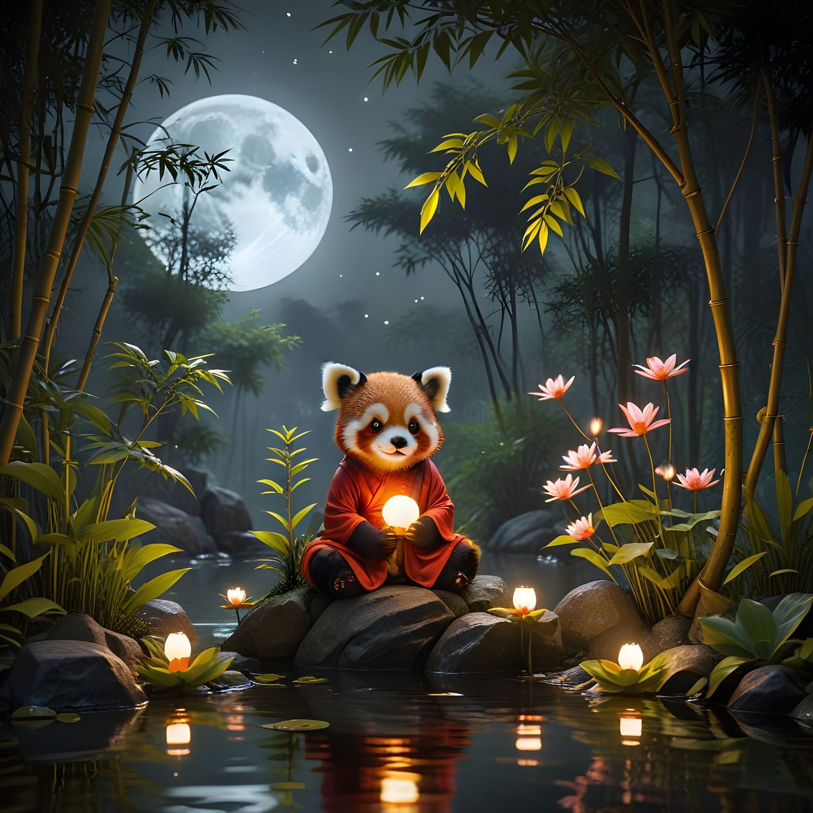 Inspirational Red Panda Buddhist Monk in Tranquil Asian Gard...