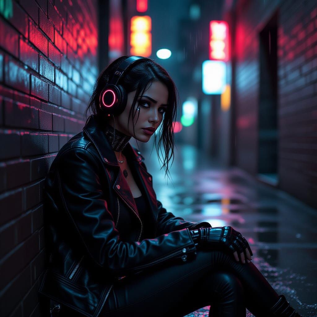Cybernetic Emo Woman in Rainy Neon Alleyway