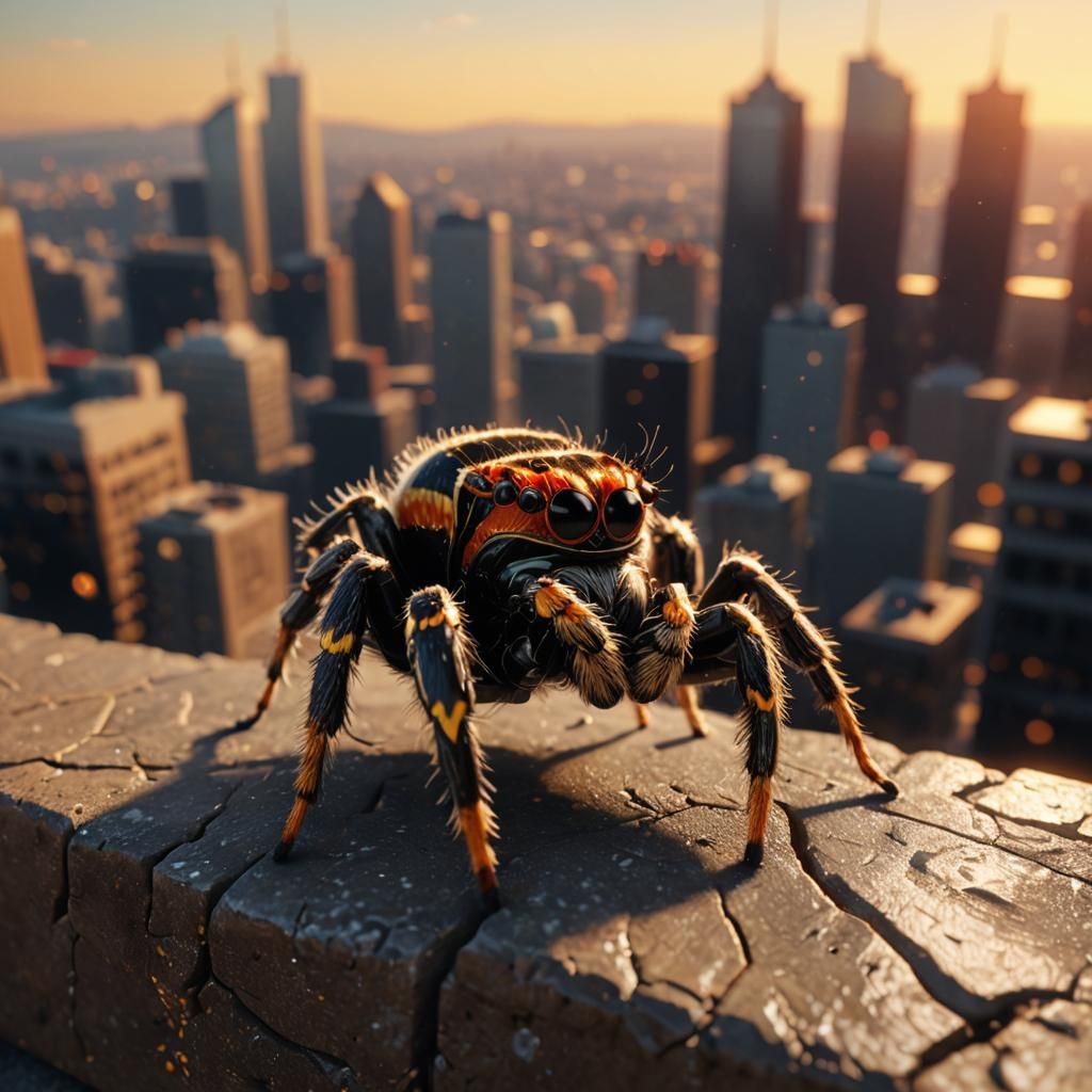 Zebra Spider Overlooking Cityscape: 3D Game Cinematic