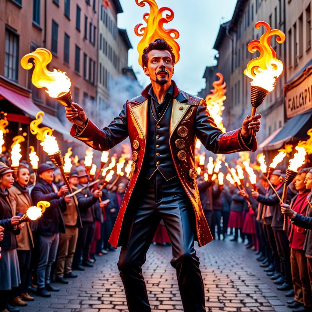 Flaming Torch Jugglers as Papier-mâché Impressionism