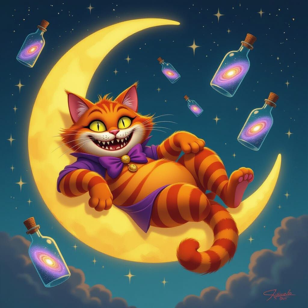 Cheshire Cat Lounging on Crescent Moon with Galaxies