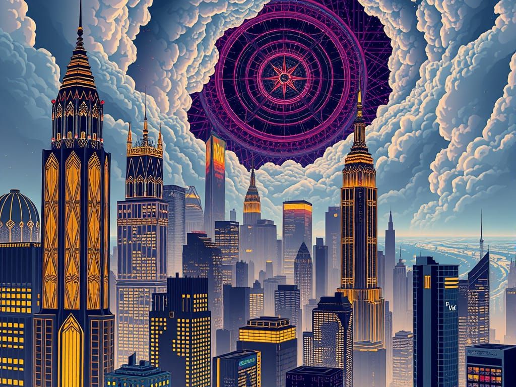 Urban Odyssey in Art Deco Cyberpunk Style