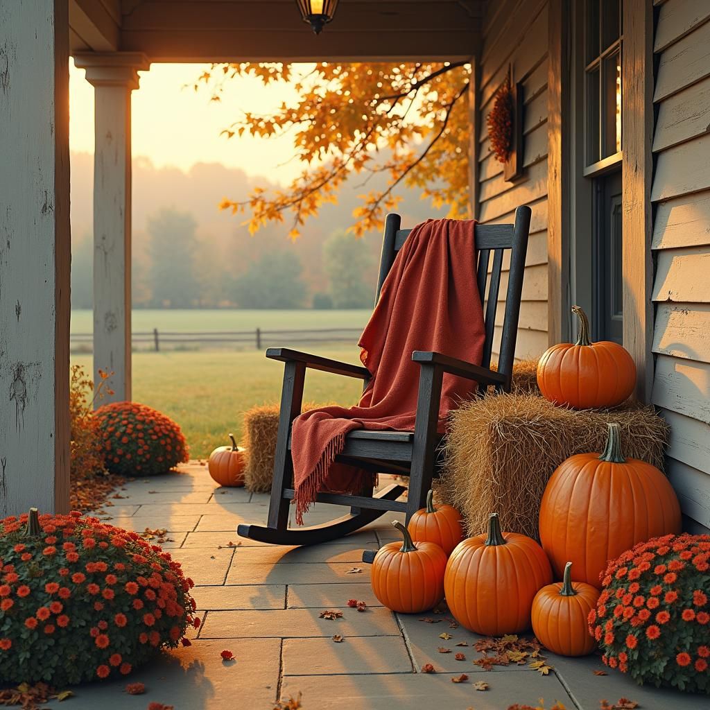 Autumn Farmhouse Porch Scene at Sunrise, Luminous Painting