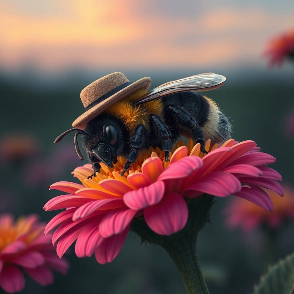A sleeping hyperrealistic caricature bumblebee at dusk on a flower