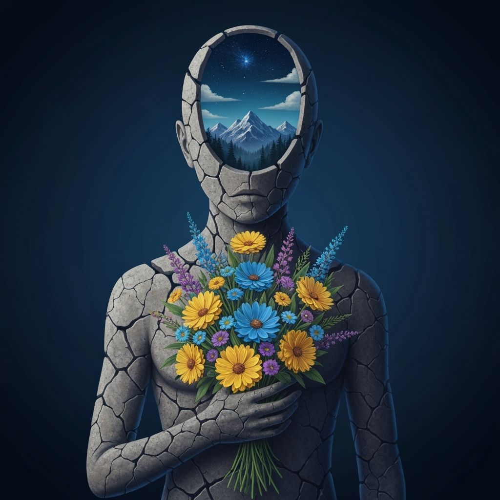 Surreal Stone Figure Holds Flowers with Mountain Vista