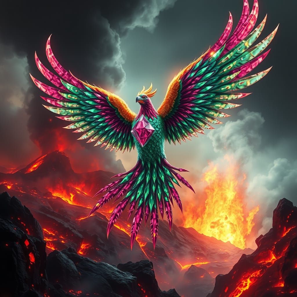 Gemstone Phoenix Rising from Volcanic Eruption
