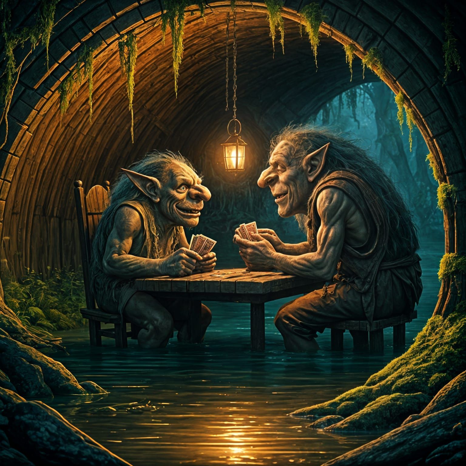 Bridge Trolls Playing Cards Underneath Mossy Bridge