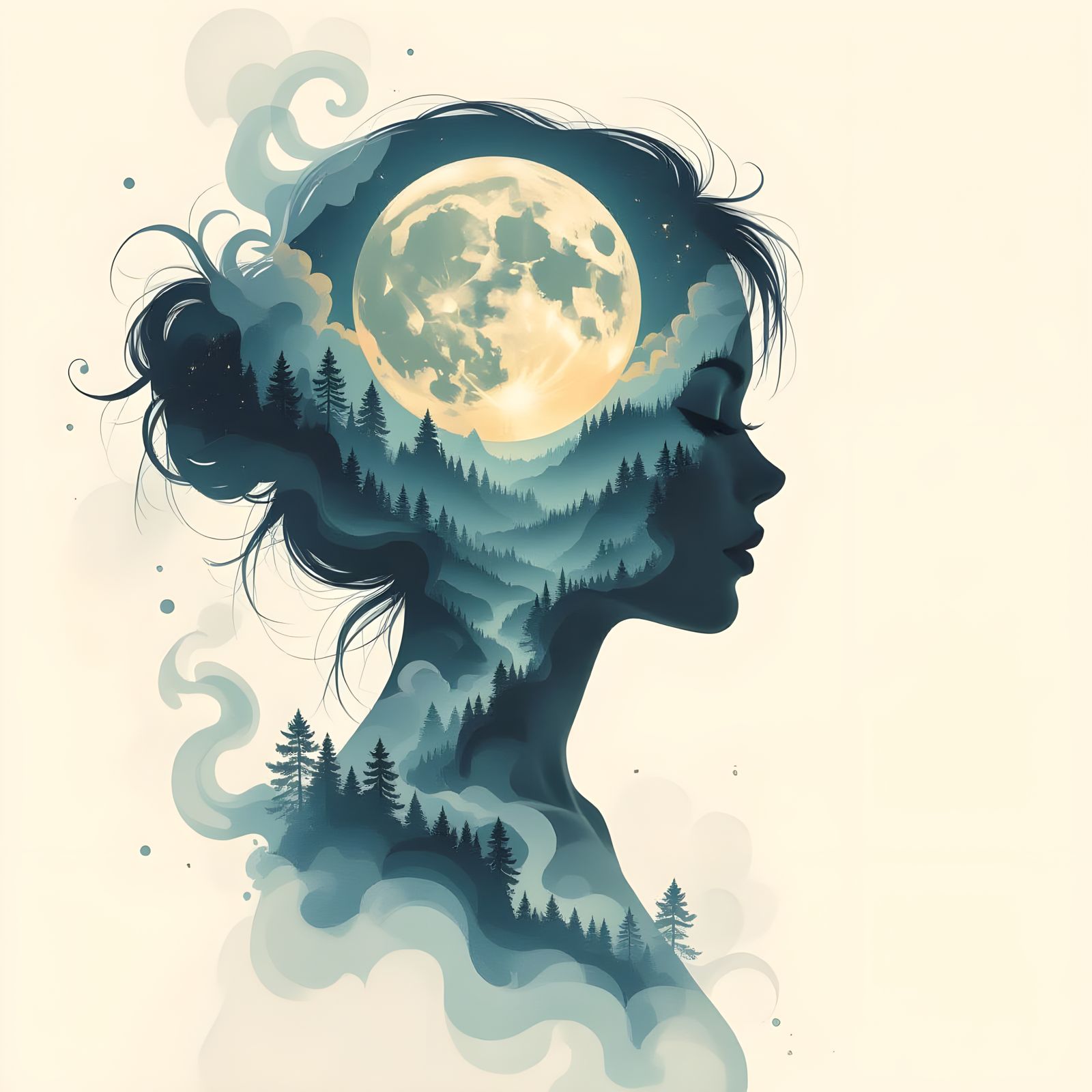 Dreamy Double Exposure: Moonlit Silhouette in Watercolor